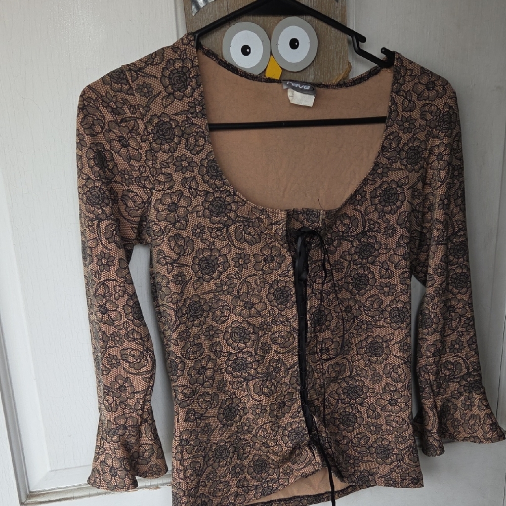 Rave  Black Floral Lace Blouse Y2k Medium. Nice. Festival Corset Feminine